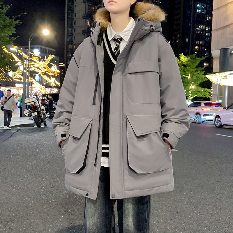 2024 Winter Workwear Jacket for Couples Medium Length Stand Collar Snake Skin Hood Thick Velvet New National Standard Long - Image 2