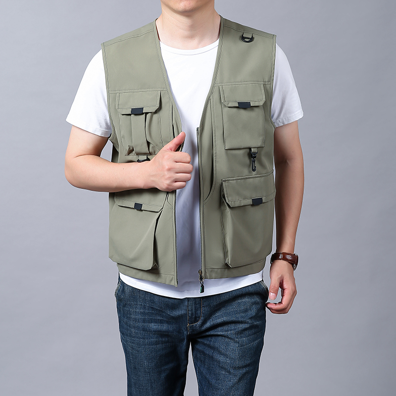 Men's Custom Woven Canvas Reversible Puffer Vest Jacket Spring Autumn Casual Outdoor Sports Multi-Pockets Waterproof Outer Wear - Image 4