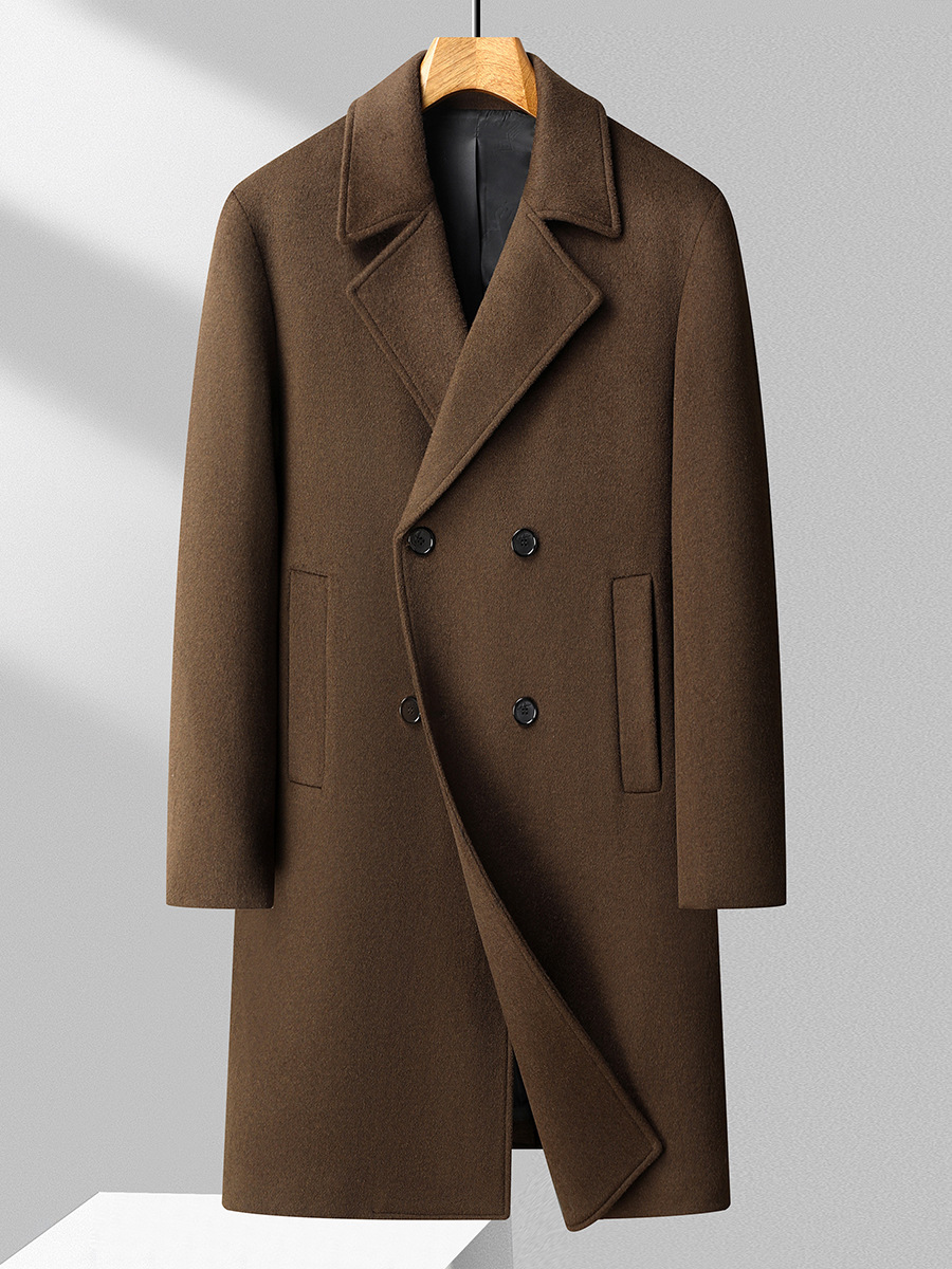 Autumn Winter Men's Double-Breasted Overcoat Korean Slim-Fit Woolen Windbreaker Long Knee-Length Plus Size Cotton-Filled Coat - Image 4