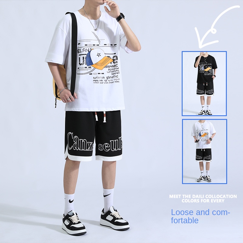 2025 Summer Trendy Casual Sports Suit for Teenagers 100% Pure Cotton Half Sleeve T-shirt Fashionable Jersey 260 Grams New Style - Image 2