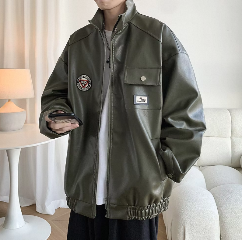 Wholesale New Products Men's Retro Embroidery Logo Leather Bomber Jacket Casual Leather Bomber Baseball Jacket for Men - Image 2