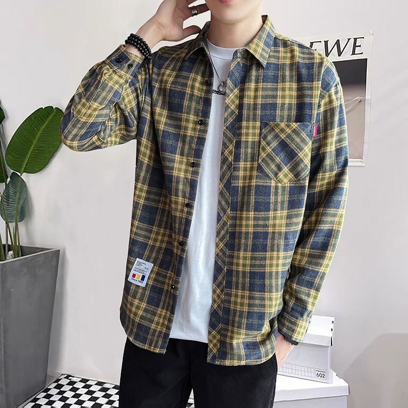 Men's and Youth's Brand Hong Kong Style Plaid Shirt Fashionable Casual Long Sleeve for Spring Autumn Silk Fabric Size Inch - Image 3