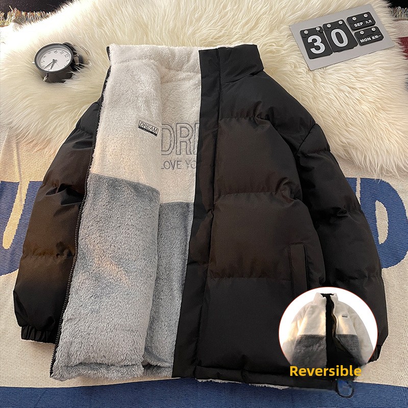 Men's Vintage Winter Coat Reversible Cotton Zipper Waterproof American Lamb Wool Embroidered Thickened Heating Outwear Cozy - Image 6