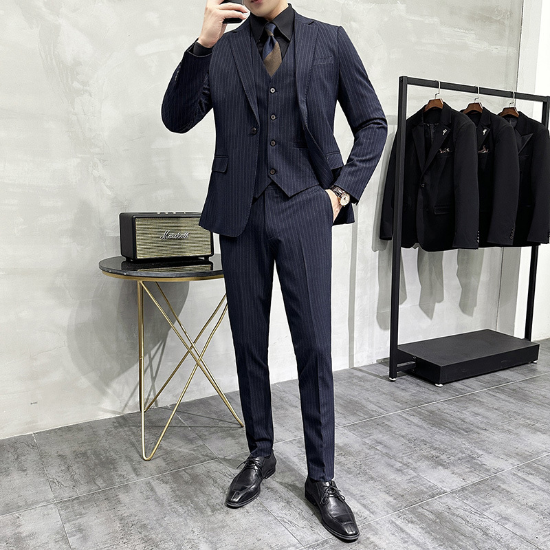 2024 Spring Autumn Men's Three-Piece Striped Suit Slim-Fit Business Style Jacket Single Breasted Zipper Fly Light Mature Adults - Image 2