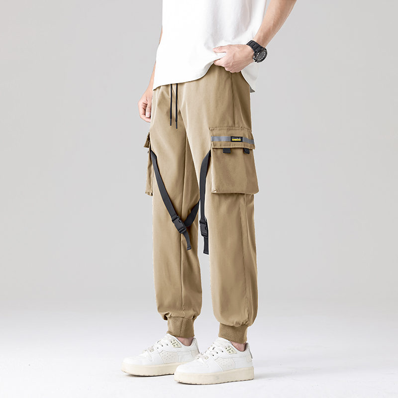 Men's Mid Waist Casual Cargo Pants Summer Trendy Versatile Thin Multi-Pockets with Straight Flat Button Worsted Plain Dyed - Image 3