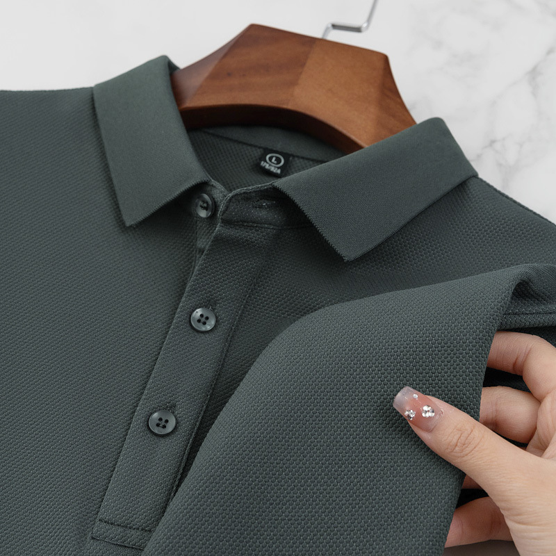 Men's Breathable Knitted Woven Fabric for Polo Shirt ODM Short Design with Solid Pattern Embroidery Button Painted Print - Image 3