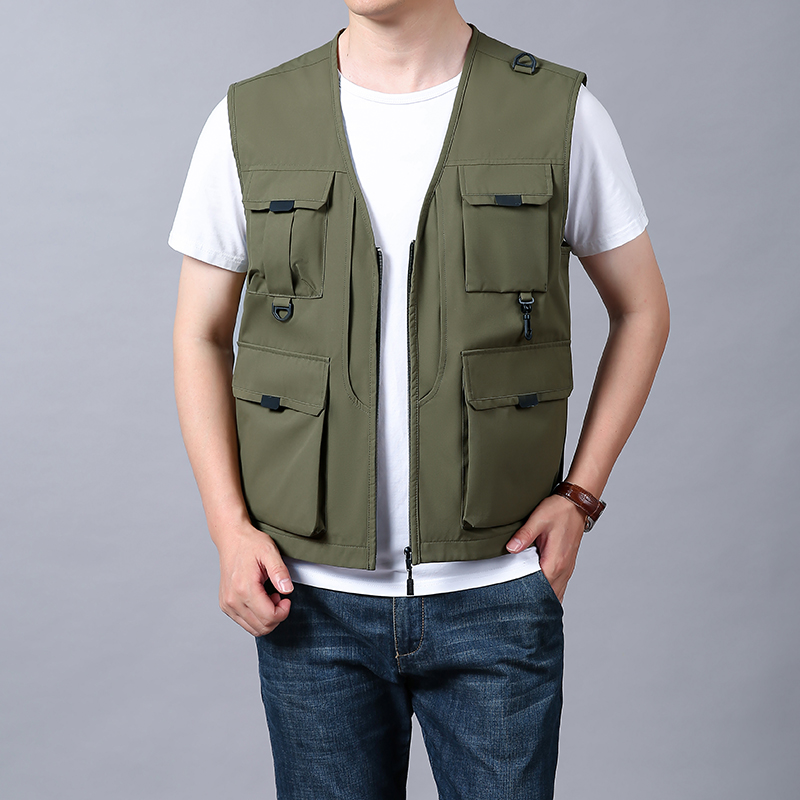 Men's Custom Woven Canvas Reversible Puffer Vest Jacket Spring Autumn Casual Outdoor Sports Multi-Pockets Waterproof Outer Wear - Image 2