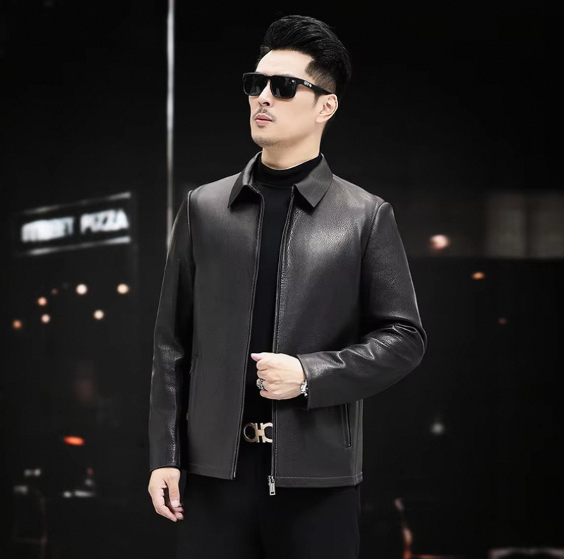 Men's Trendy Spring Autumn Genuine Sheepskin Leather Jacket Soft Stand Collar ODM Crocheted New Fashion Thin Slim Motorcycle - Image 4