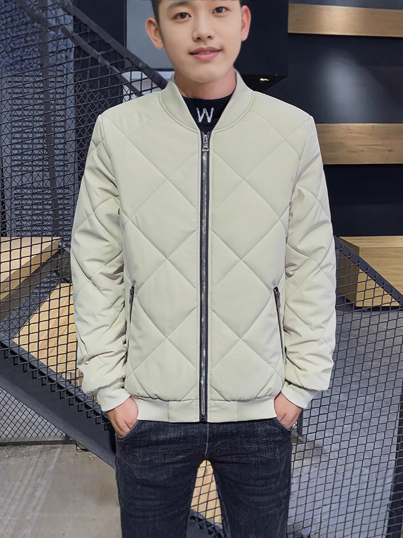 2024 Autumn Winter Men's Thick Cotton-Padded Jacket New Baseball Design Diamond Plaid Stand Long Zipper Comfort Fleece-Lined - Image 2