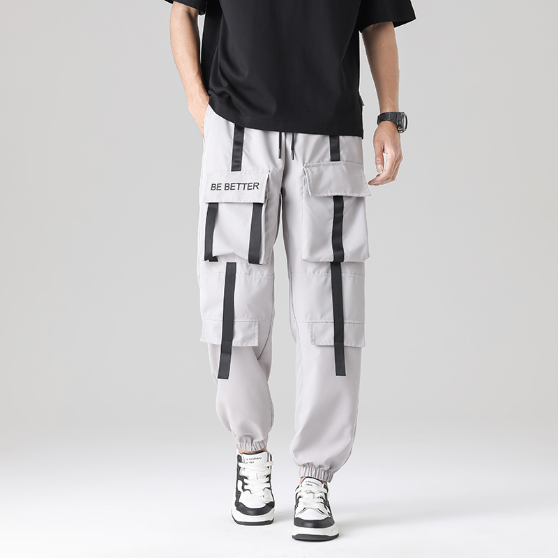 Men's Trendy Summer Casual Cargo Pants European Size Loose Fit Straight Flat Jogger New Plain Dyed Lightweight Worsed - Image 3