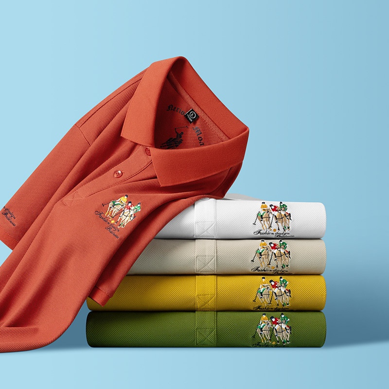 Men's High-End XL Twill T-Shirt Comfortable for Polo Button Knitted Breathable Cool Fabric Light Print Pattern Embroidered - Image 5