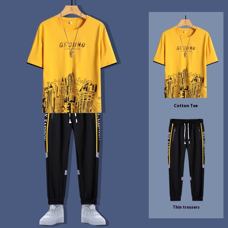 2025 Summer New Fashion Men's T-shirt Sets Young Cotton Casual O-Neck Short Sleeves 220 Grams Knitted Fabric Printed Loose Fit - Image 2