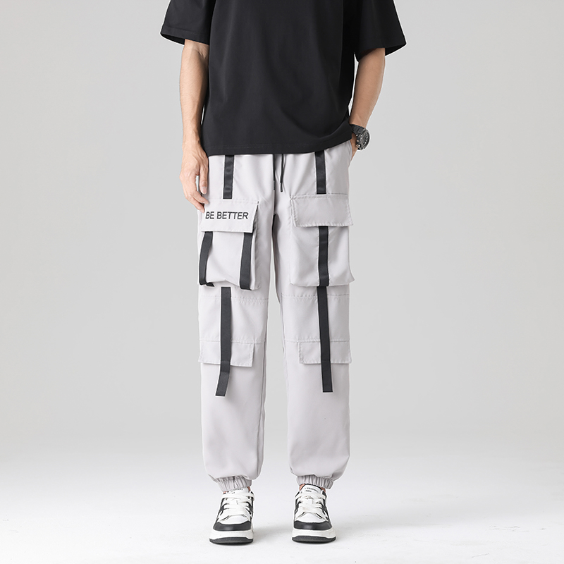 Men's Trendy Summer Casual Cargo Pants European Size Loose Fit Straight Flat Jogger New Plain Dyed Lightweight Worsed - Image 2