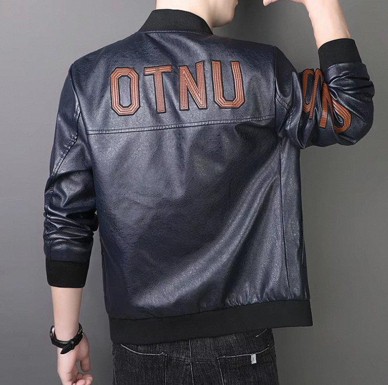 Layenne Plus Size Men's PU Leather Jacket with Stand Collar Windproof Feature OEM Varsity Style Fleece Lining - Image 3