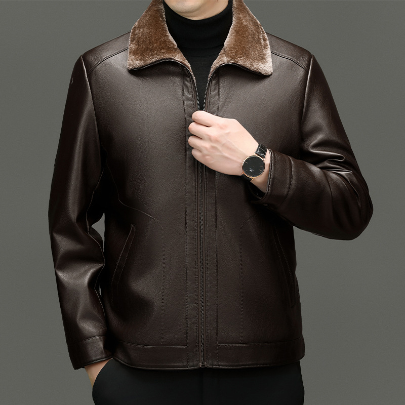 Men's XL Long Winter Leather Jacket Stand Collar High Street Style Motorcycle Zipper Closure Canvas Fleece OEM Service Available - Image 4