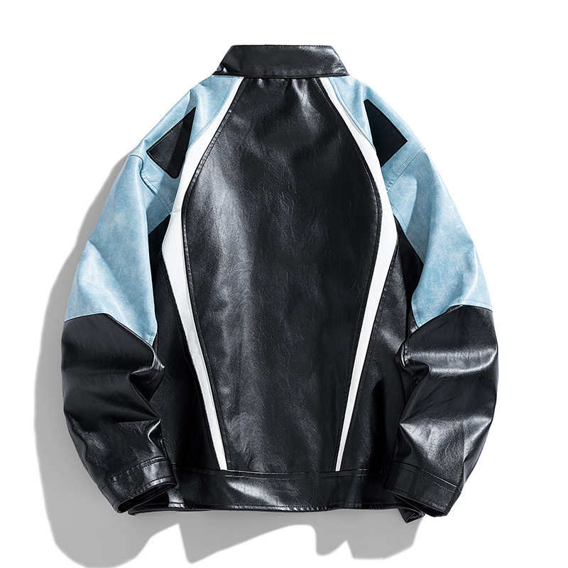 Autumn Young Student PU Leather Racing Suit Jacket XL Size Thin Front Logo Patchwork Rabbit Color Lapel Bike Zipper Stand Collar - Image 5