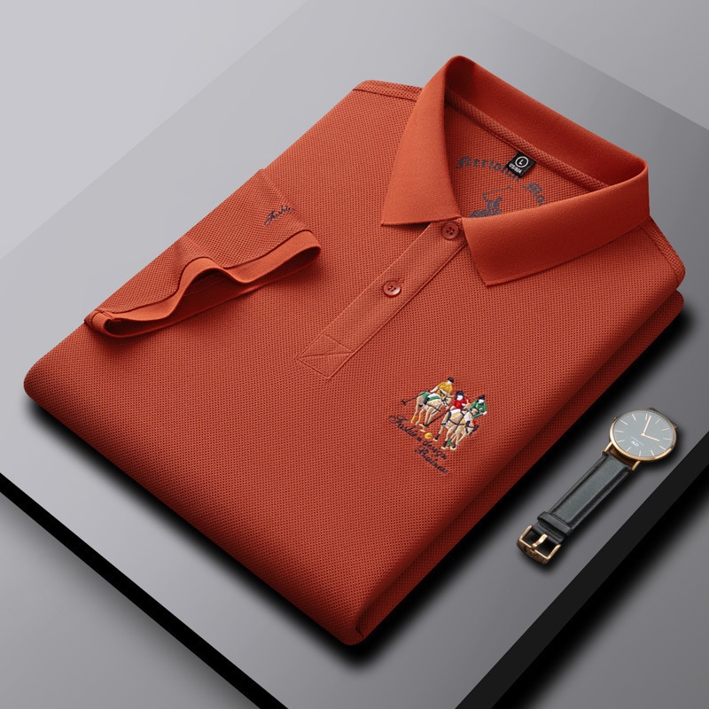 Men's High-End XL Twill T-Shirt Comfortable for Polo Button Knitted Breathable Cool Fabric Light Print Pattern Embroidered - Image 3