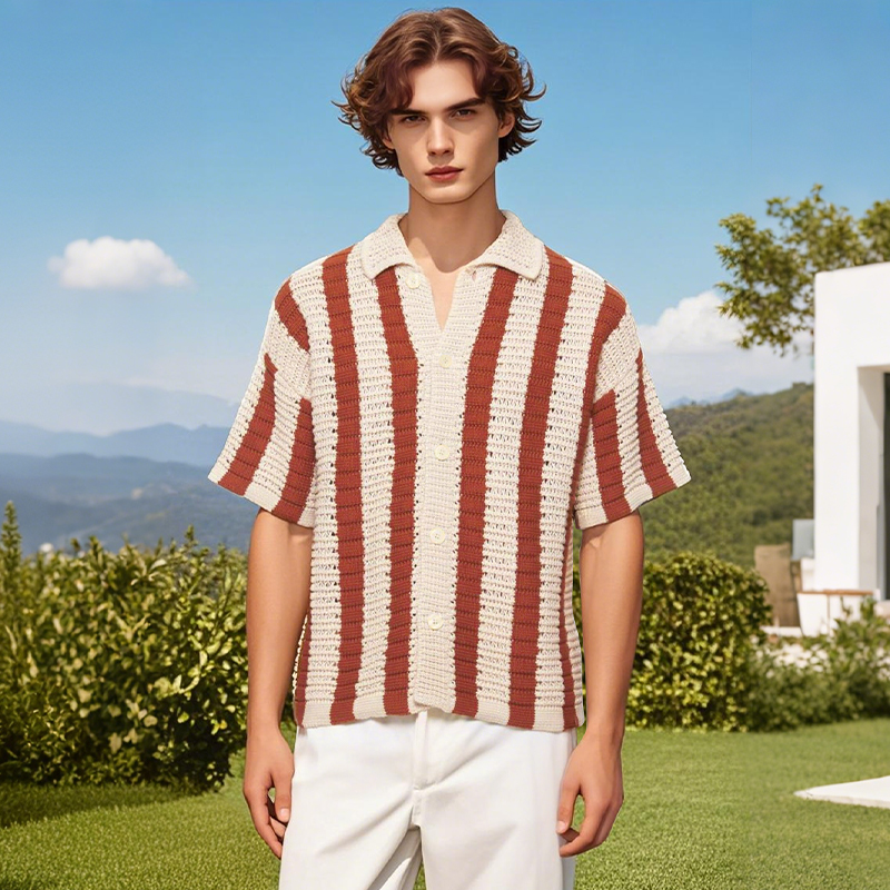 2025 Men's Classic Chambray Short Sleeve Sweater Top with Mandarin Collar Breathable and Easy to Match for Summer Outfits - Image 6