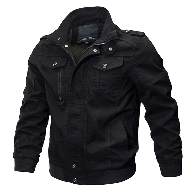 Luxury Men's Black Bomber Jacket Thin Winter Coat Full Skin Zip Fashionable Outdoor Canvas Knitted Fabric Polyester - Image 2