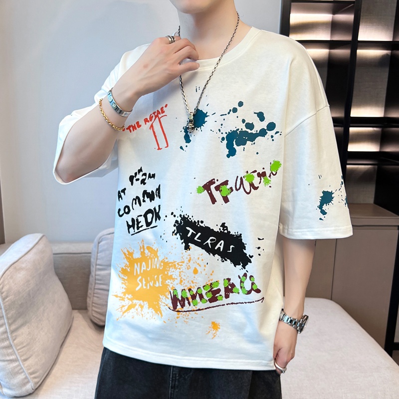 2024 Trendy Casual Student T-Shirt Loose Fit with Five-Quarter Sleeve Short Half Sleeve-180g Knitted Fabric Silk Screen Printing - Image 5