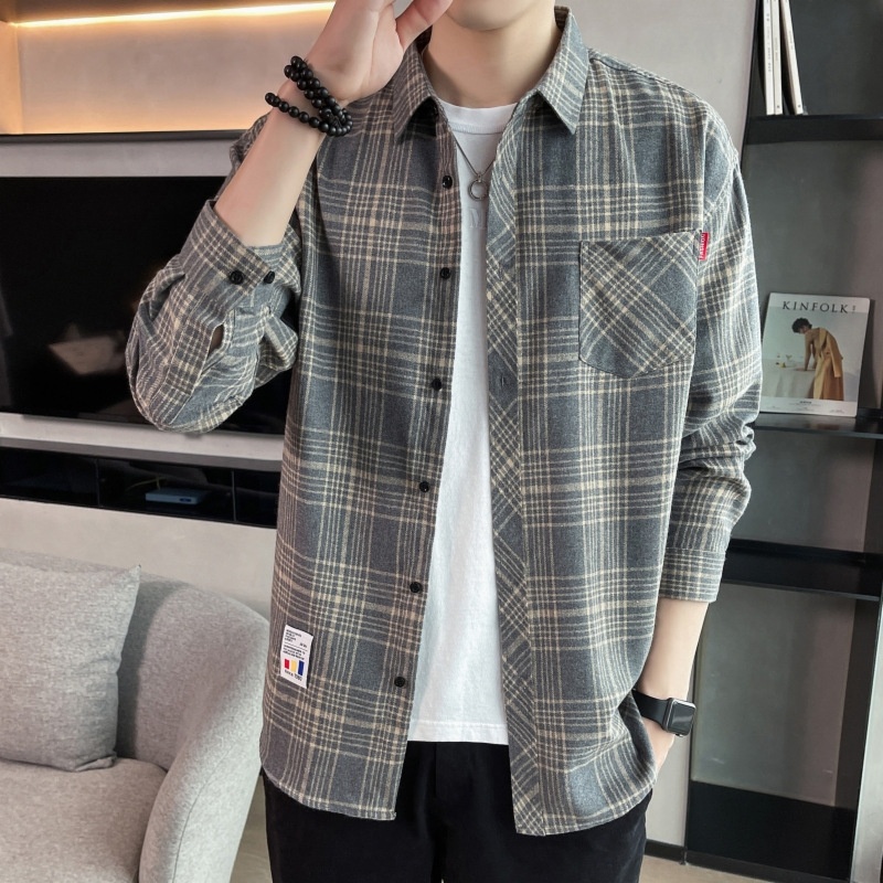 Men's and Youth's Brand Hong Kong Style Plaid Shirt Fashionable Casual Long Sleeve for Spring Autumn Silk Fabric Size Inch - Image 6