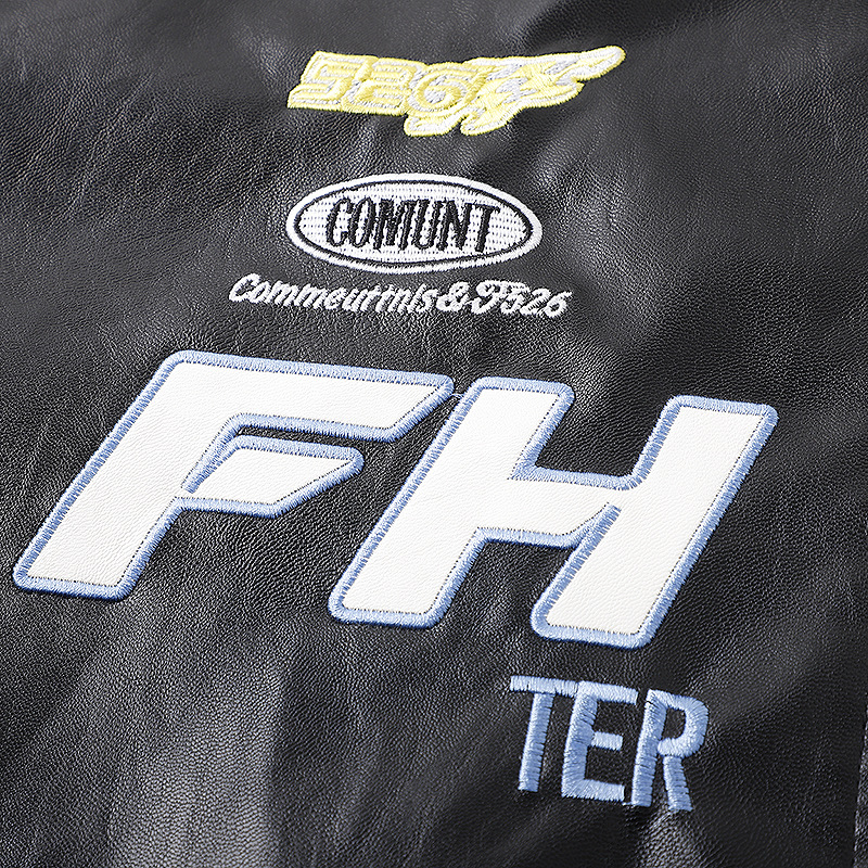 Vintage American Style Men's Racing Jacket Embroidery Down-filled Long Leather Jacket Featuring Ripple Design Spring Zipper - Image 5