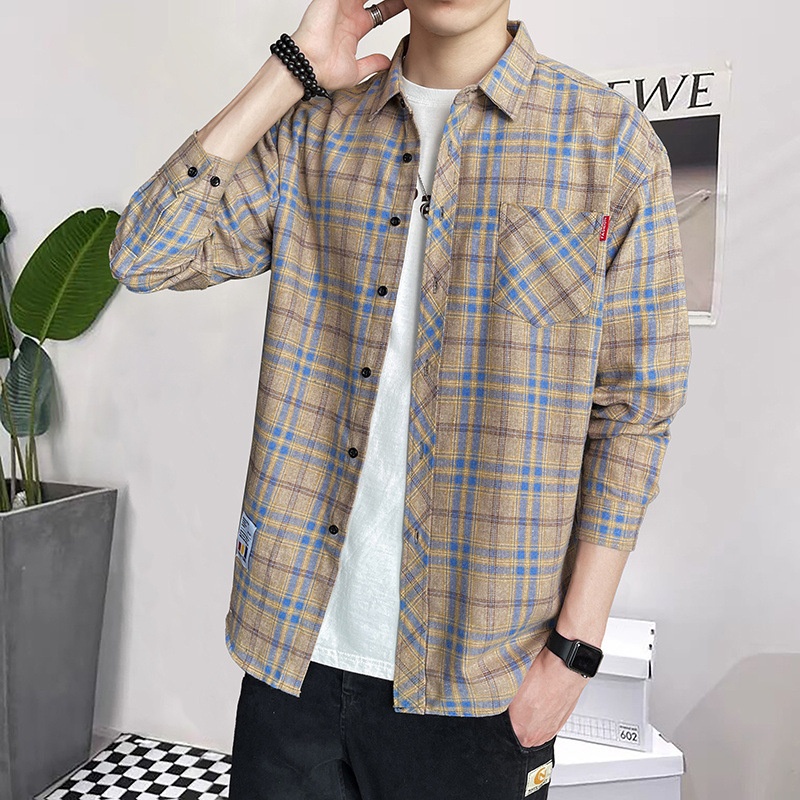 Men's and Youth's Brand Hong Kong Style Plaid Shirt Fashionable Casual Long Sleeve for Spring Autumn Silk Fabric Size Inch - Image 2