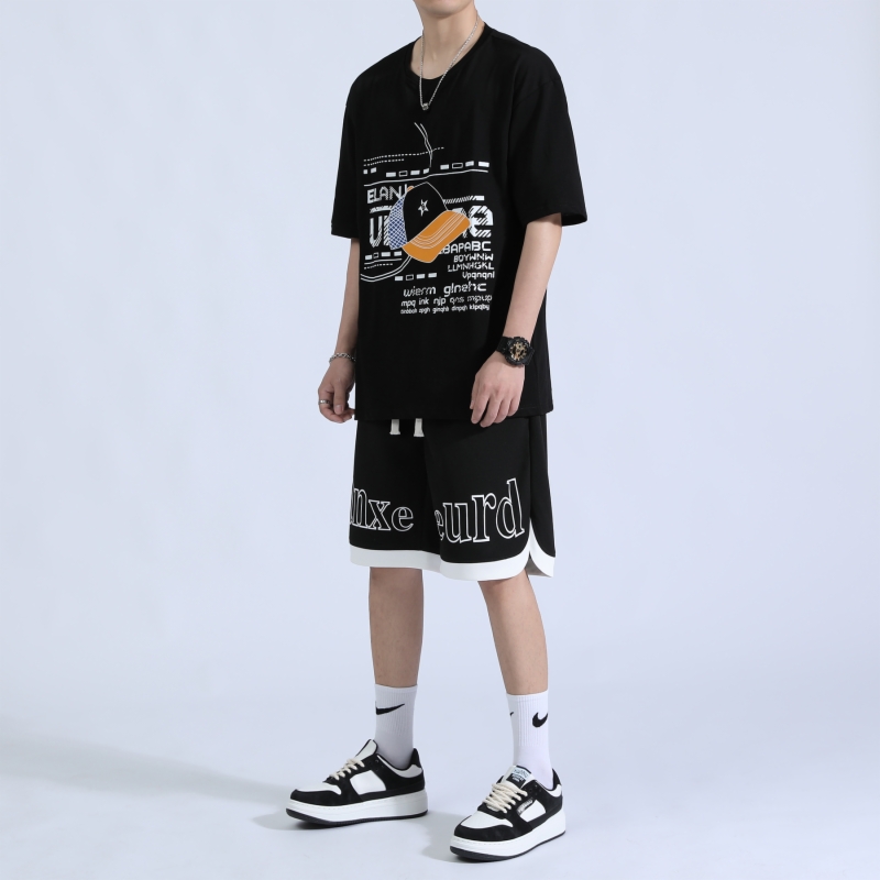 2025 Summer Trendy Casual Sports Suit for Teenagers 100% Pure Cotton Half Sleeve T-shirt Fashionable Jersey 260 Grams New Style - Image 3