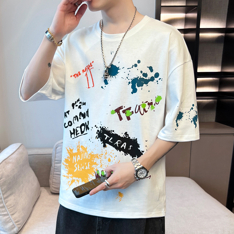 2024 Trendy Casual Student T-Shirt Loose Fit with Five-Quarter Sleeve Short Half Sleeve-180g Knitted Fabric Silk Screen Printing - Image 6