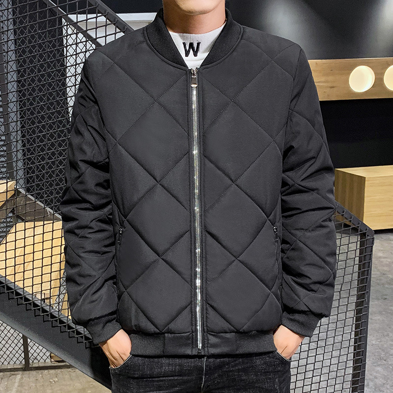 2024 Autumn Winter Men's Thick Cotton-Padded Jacket New Baseball Design Diamond Plaid Stand Long Zipper Comfort Fleece-Lined - Image 6
