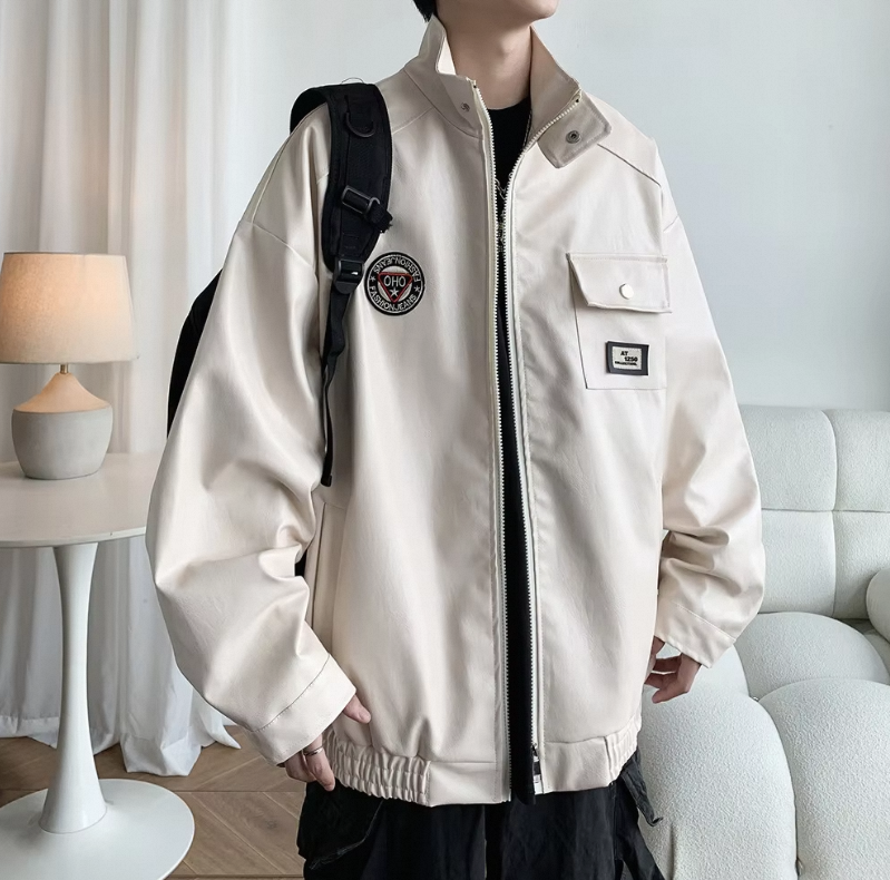 Wholesale New Products Men's Retro Embroidery Logo Leather Bomber Jacket Casual Leather Bomber Baseball Jacket for Men - Image 6