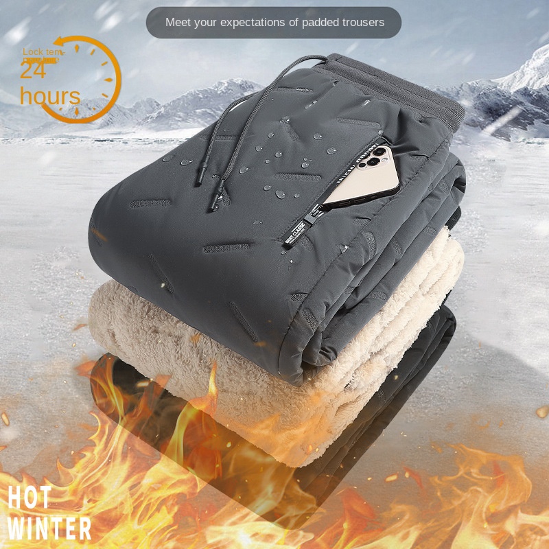 2023 Winter Men's Casual Long Straight Style Pants XL Size Mid Elastic Thickened Lamb Fleece Lining Three-Proof Windproof - Image 2