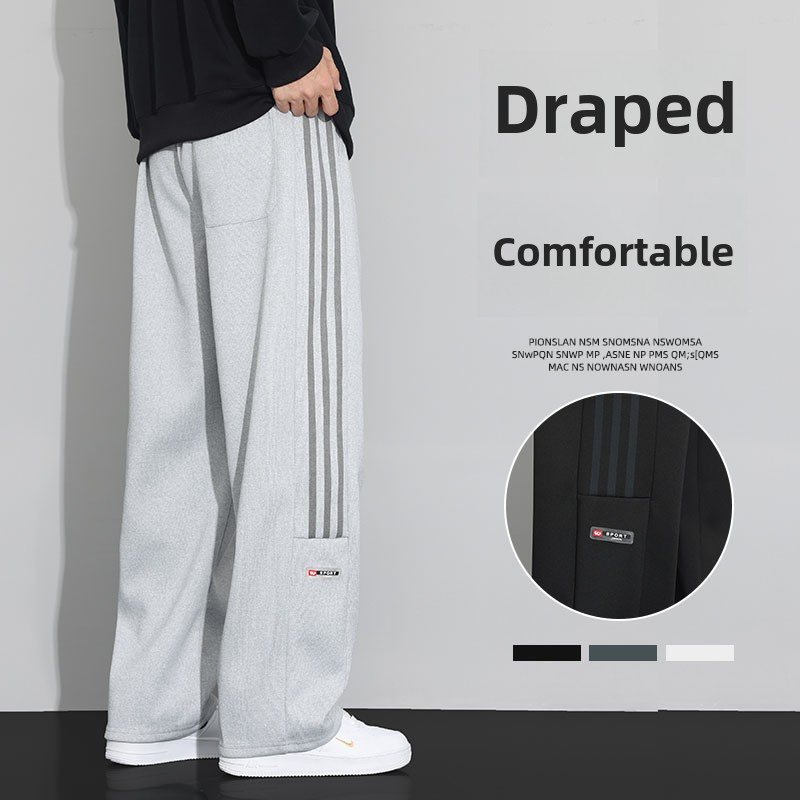 Men's Casual Sports Pants Autumn Loose Straight-Leg Wide-Leg Plus Size Mid Waist Embroidery Knitting Flat Front American Style - Image 3