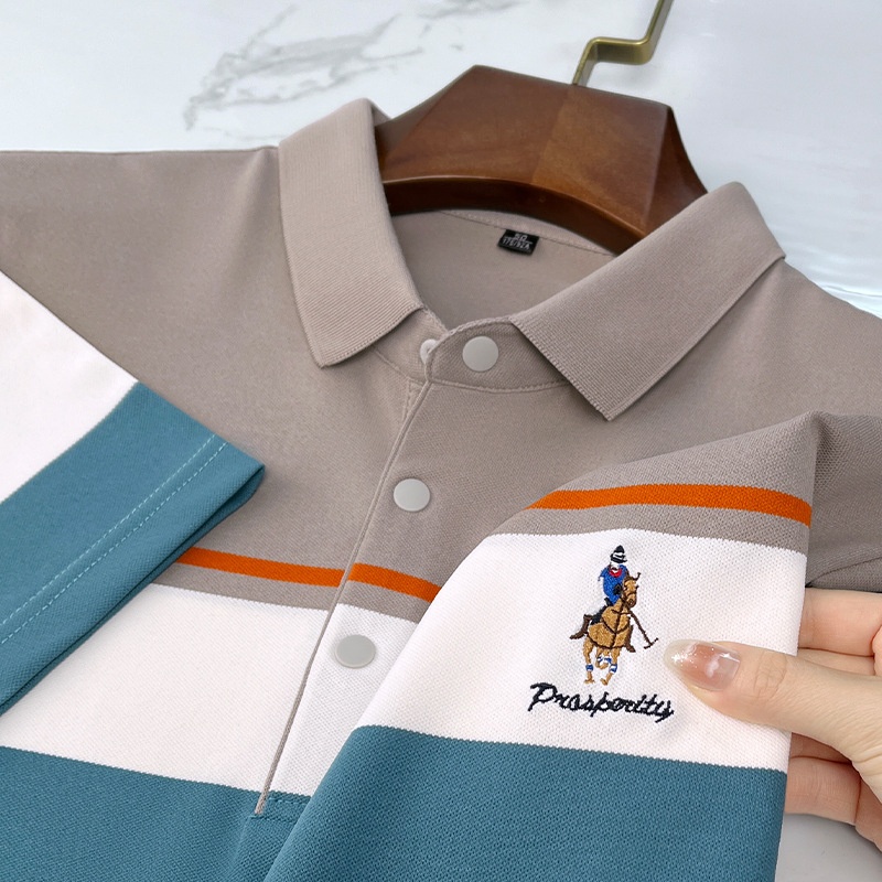 High Quality Young Men's Half-Sleeve Velour T-Shirt Striped Collar Embroidered Anti-Pilling Anti-Wrinkle Compressed Solid - Image 2