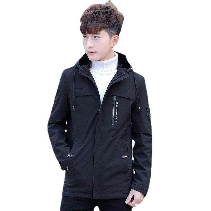 Blue Hooded Lapel Jacket for Youth Winter Motorcycle Zipper Closure with Side Seam Pocket Thickened Spring Fall Use Men's Jacket - Image 5