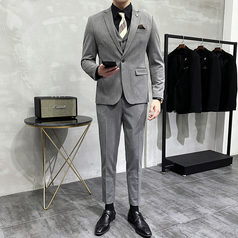 2024 Spring Autumn Men's Three-Piece Striped Suit Slim-Fit Business Style Jacket Single Breasted Zipper Fly Light Mature Adults - Image 4