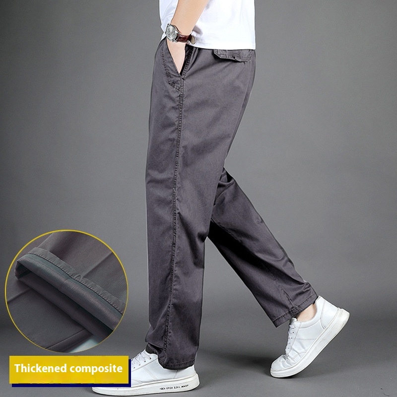 Men's Casual Elastic Straight-Leg Workwear Pants Winter Cotton Dadfleece-Lined Thickened Cargo Design for Middle-Aged - Image 3