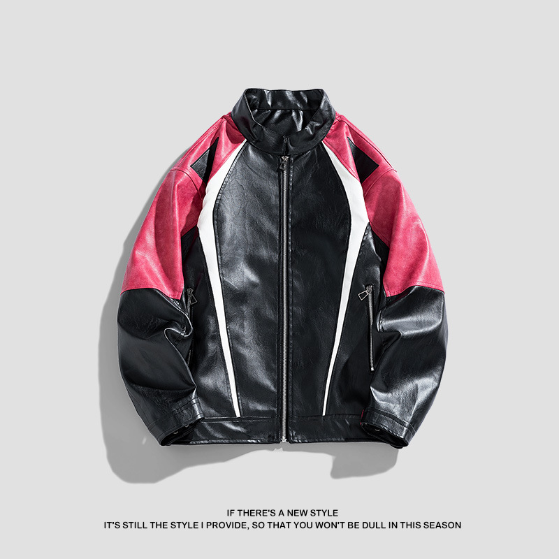 Autumn Young Student PU Leather Racing Suit Jacket XL Size Thin Front Logo Patchwork Rabbit Color Lapel Bike Zipper Stand Collar - Image 6