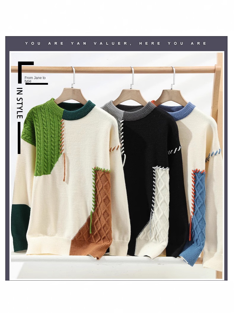 ODM Supply Men's Casual Crew Neck Pullovers Korean Streetwear Fashion Design with Warm Patchwork for Autumn & Winter - Image 3