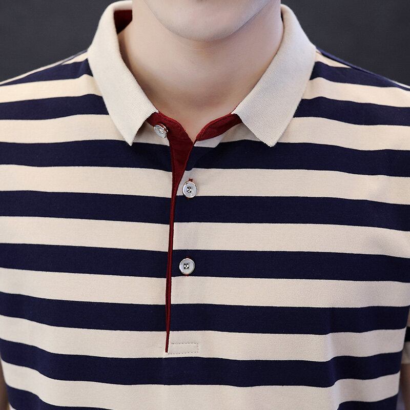 Men's European Style Summer Polo Shirt Striped Pure Cotton Slim-Fit Short-Sleeved T-Shirt Fashionable Lapel Design Sea Soul Plus - Image 4