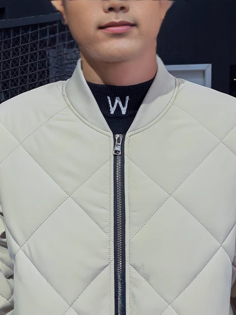 2024 Autumn Winter Men's Thick Cotton-Padded Jacket New Baseball Design Diamond Plaid Stand Long Zipper Comfort Fleece-Lined - Image 4