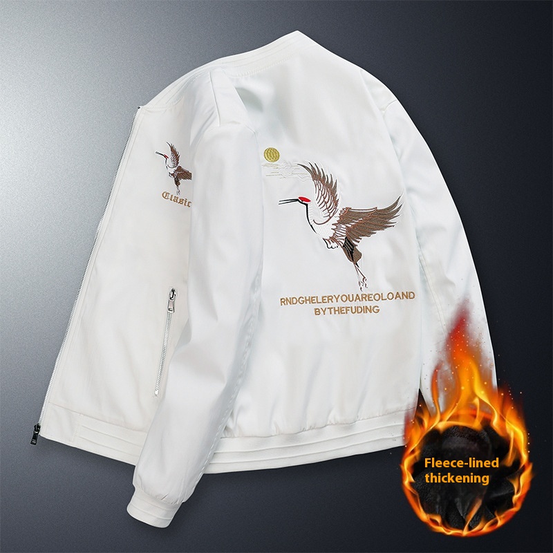 Autumn Winter Men's Embroidered Velvet Baseball Jacket Stand Collar Youth Chinese Fashion Casual Clothing Hip Hop Varsity Warm - Image 4