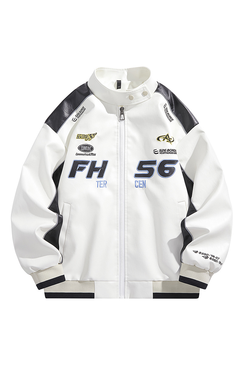 Vintage American Style Men's Racing Jacket Embroidery Down-filled Long Leather Jacket Featuring Ripple Design Spring Zipper - Image 2