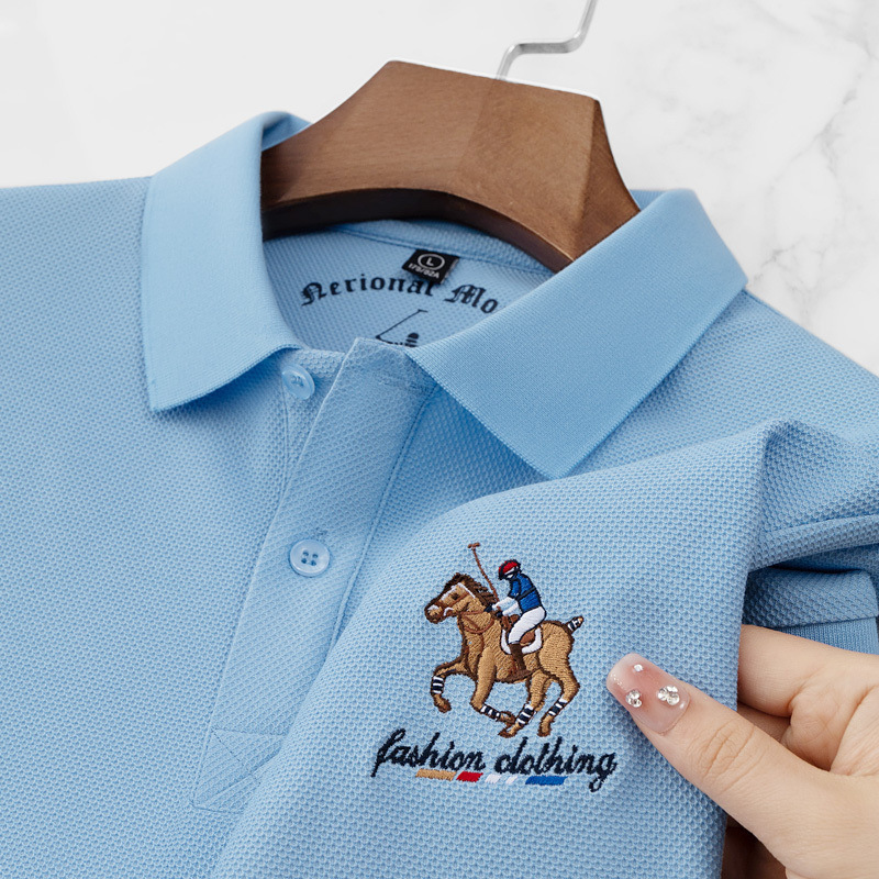 Men's XL Cotton Short-Sleeved for Polo Shirt Breathable Woven Twill Fabric Solid Embroidered Button-Painted Printed - Image 3