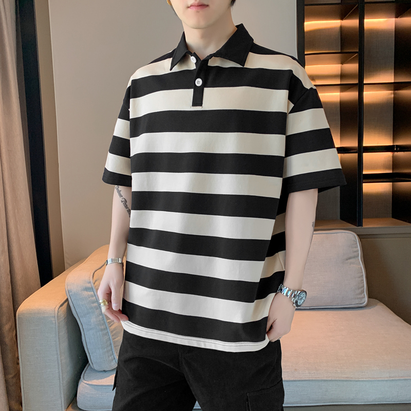 Binjie Men's Summer Casual Cotton for Polo Shirt American Style Short-Sleeved Striped Loose Fit Lapel Embroidered Knitted Fabric - Image 3