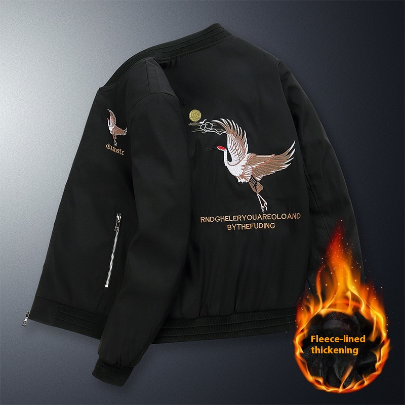 Autumn Winter Men's Embroidered Velvet Baseball Jacket Stand Collar Youth Chinese Fashion Casual Clothing Hip Hop Varsity Warm - Image 3