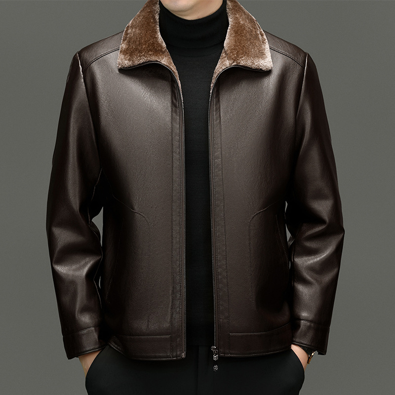 Men's XL Long Winter Leather Jacket Stand Collar High Street Style Motorcycle Zipper Closure Canvas Fleece OEM Service Available - Image 3