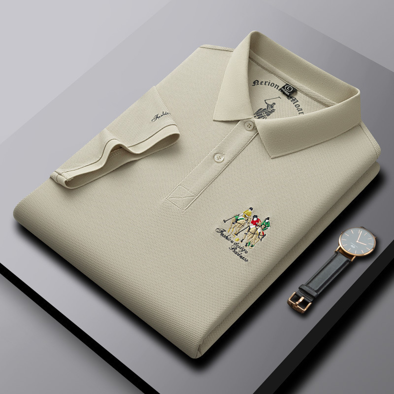 Men's High-End XL Twill T-Shirt Comfortable for Polo Button Knitted Breathable Cool Fabric Light Print Pattern Embroidered - Image 2