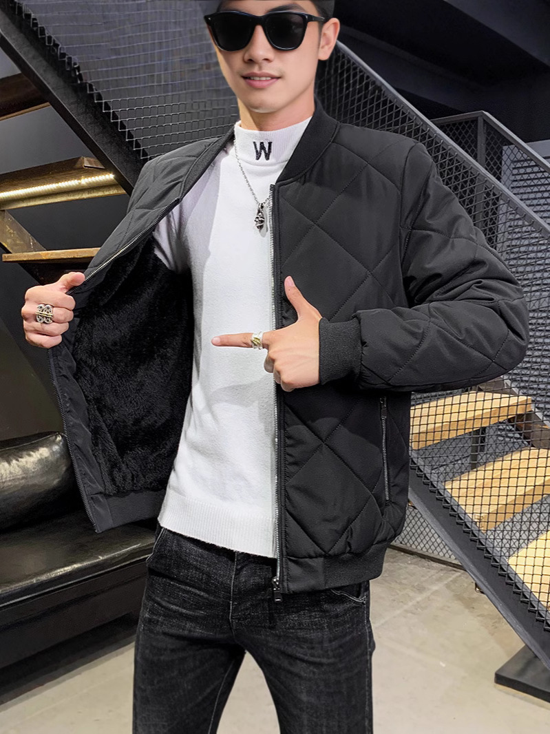 2024 Autumn Winter Men's Thick Cotton-Padded Jacket New Baseball Design Diamond Plaid Stand Long Zipper Comfort Fleece-Lined - Image 3