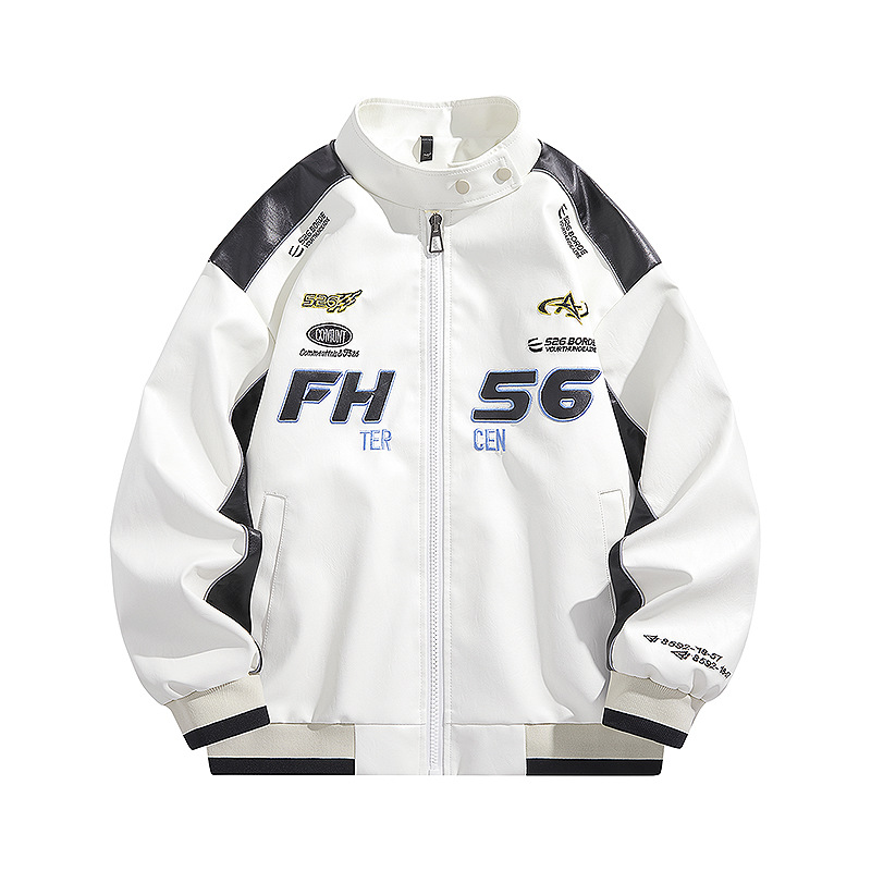 Vintage American Style Men's Racing Jacket Embroidery Down-filled Long Leather Jacket Featuring Ripple Design Spring Zipper - Image 6